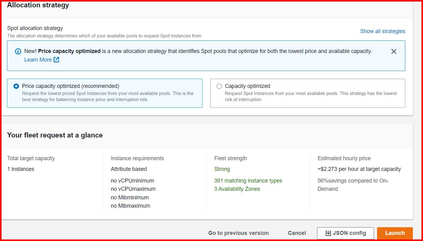 Picture showing the Create Spot Fleet Request screen